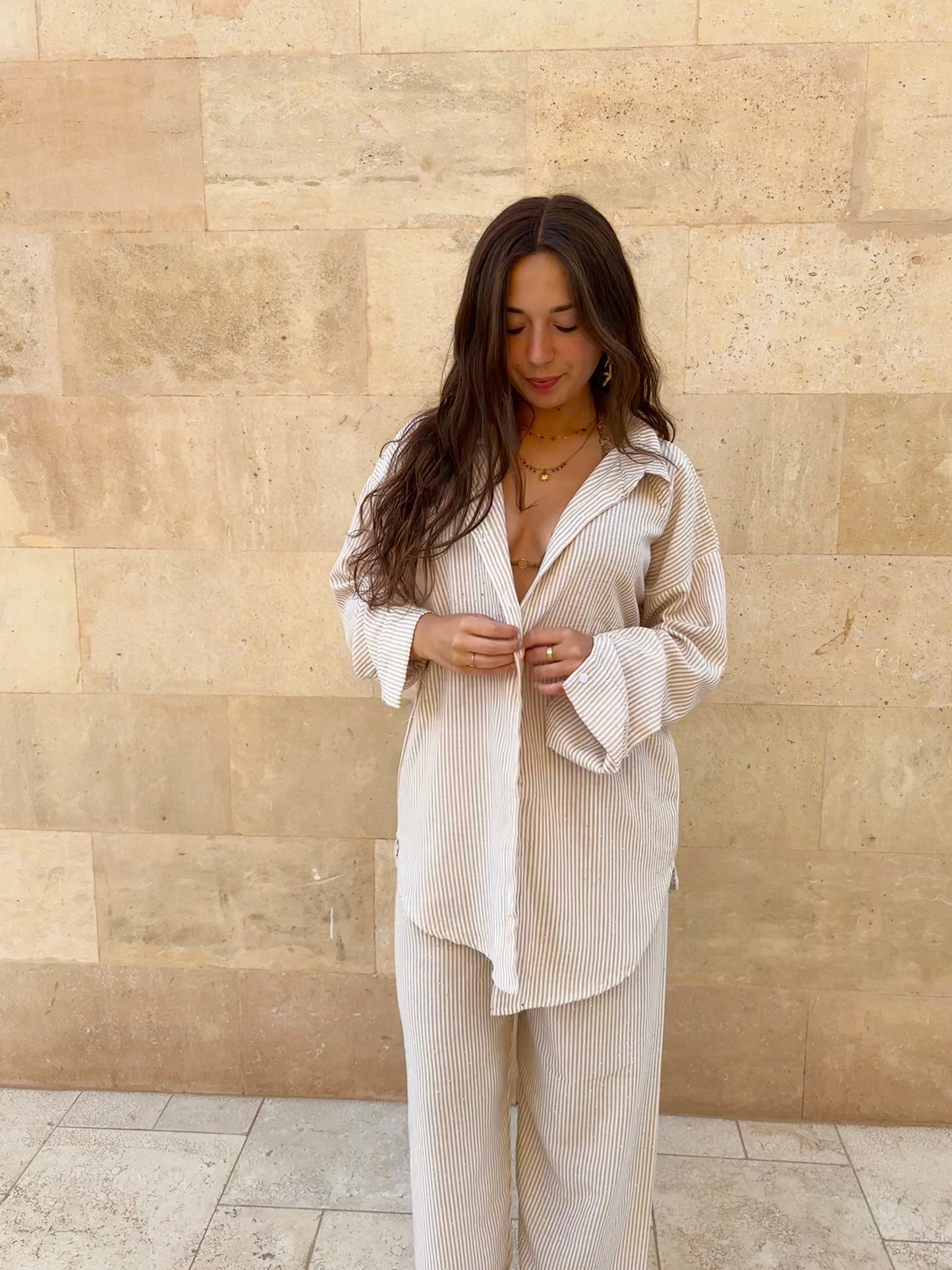 Beige stripes two piece set