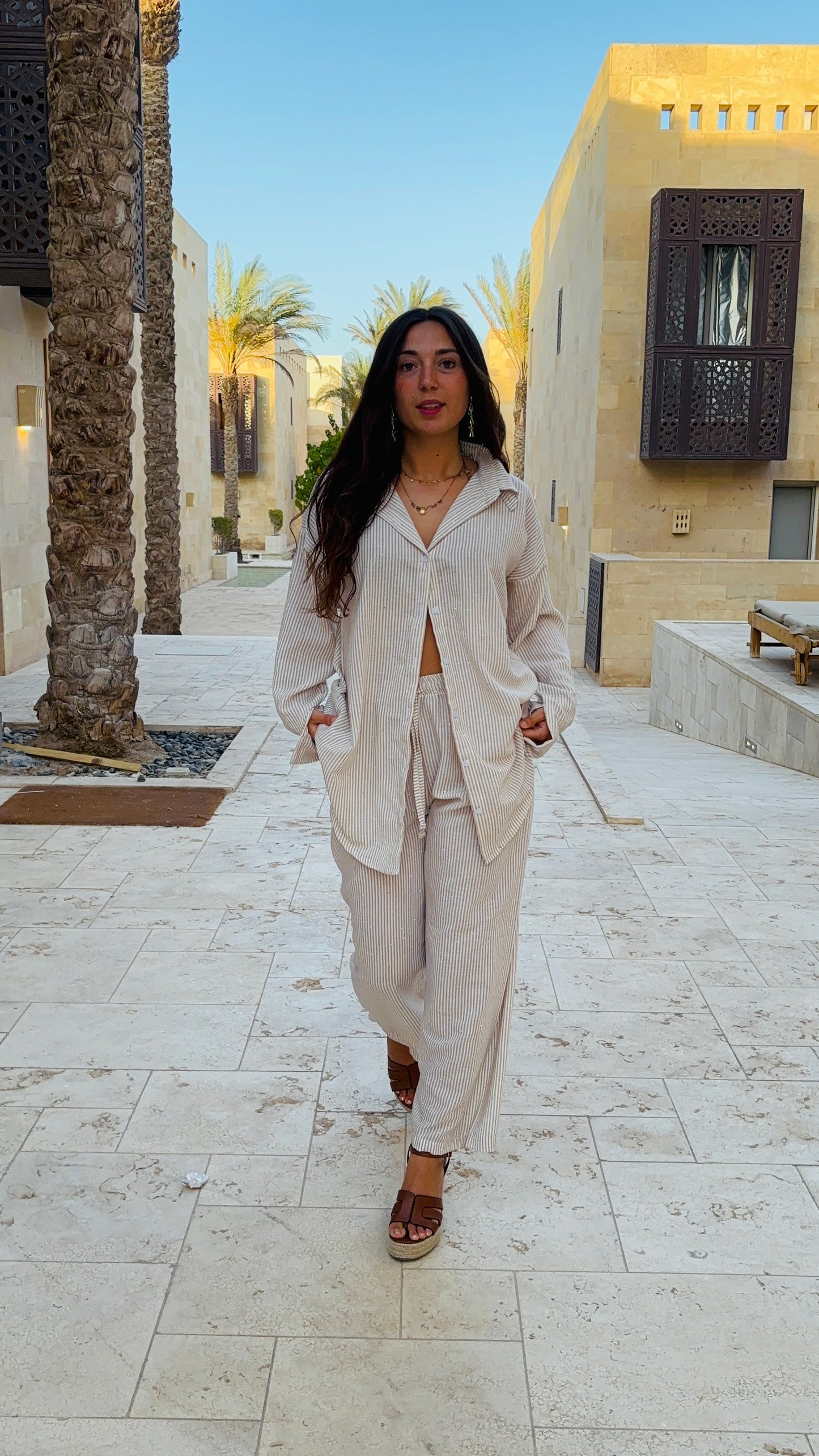 Beige stripes two piece set